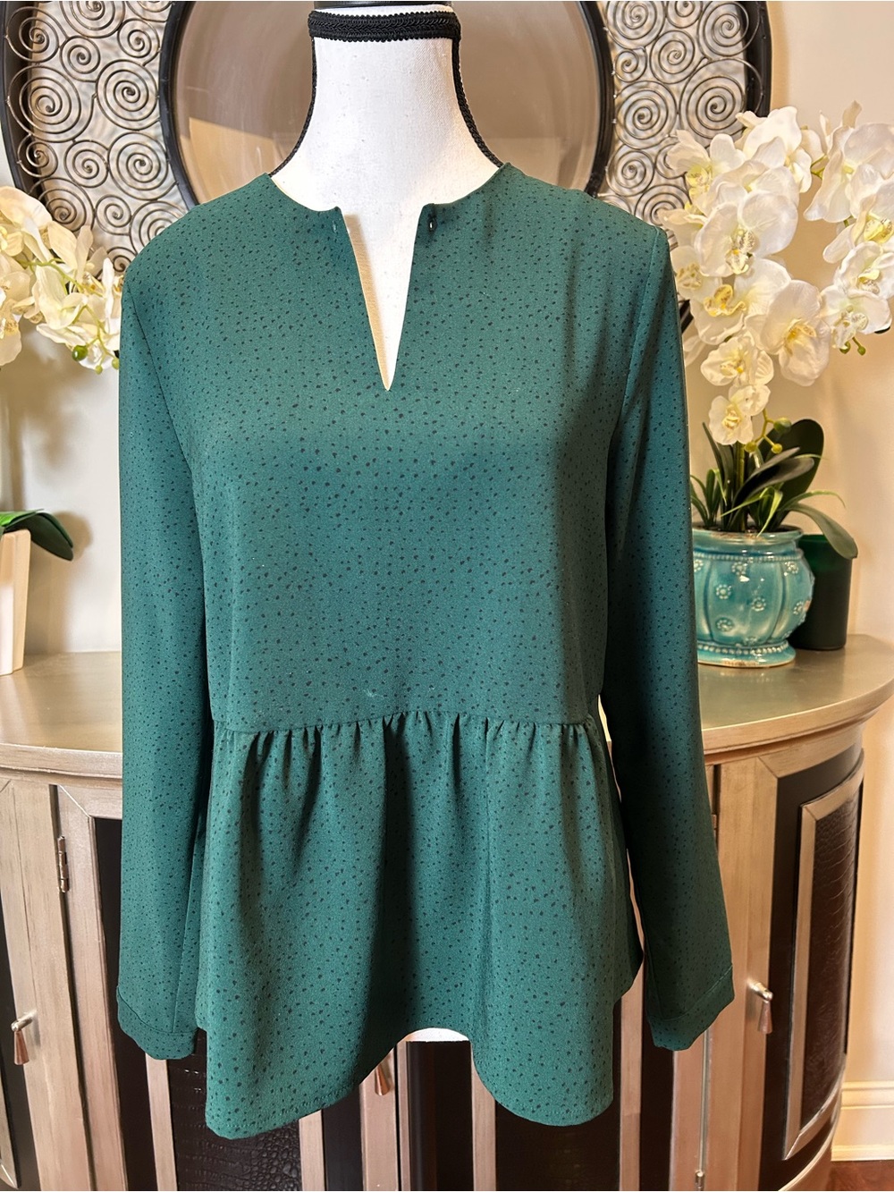 FRNCH Women's Emerald Green Peplum Blouse with Split Neck